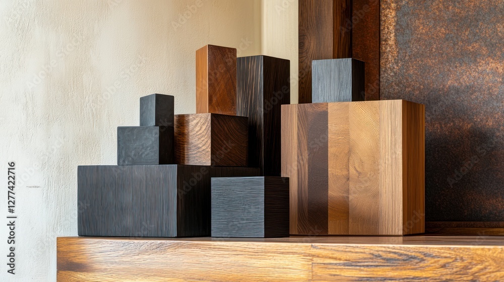 Aufkleber Abstract arrangement of various sized and colored wooden blocks on a shelf.