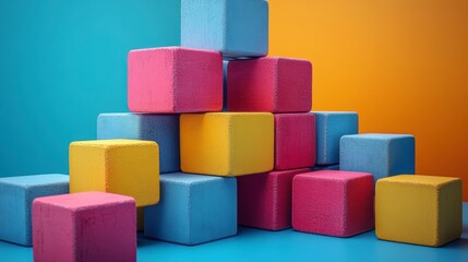 Colorful building blocks stacked playfully against a vibrant backdrop, ideal for children's creativity