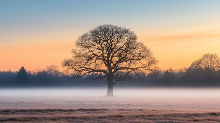 Solitary Tree Silhouette in Foggy Meadow at Sunrise Serene Landscape