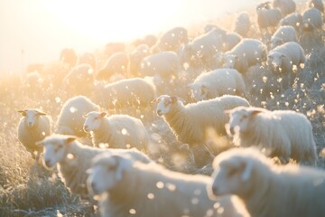 Obraz premium Cheerful on the Hillside A flock of sheep happily hopping on the cool highlands, their white fur glistening in the morning sunlight, creating a soothing pastoral scene
