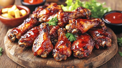 BBQ chicken wings with fries and sauce.