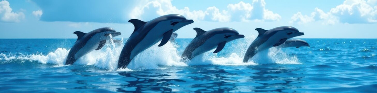 Majestic dolphin pod breaches, azure backdrop , wildlife, ocean scene
