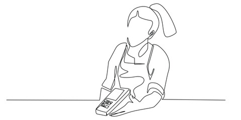 one continuous line drawing of woman holding payment machine.one line vector illustration of modern payment technology.single line of woman cashier.modern payment methods
