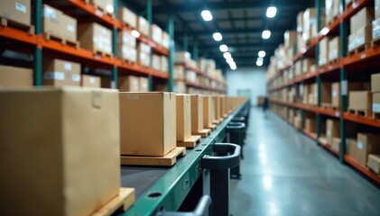 Fototapeta premium Automated warehouse conveyor system, stacked boxes, operation, industrial