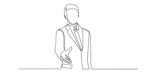 one continuous line drawing of businessman giving hand.one line vector illustration of man in suit giving congratulations,inviting to join,business cooperation.