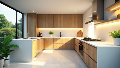 Fototapeta premium Spacious, bright kitchen with sleek countertops and modern appliances, clean, cooking area, contemporary