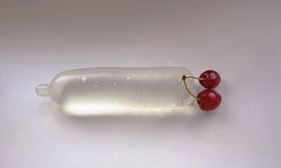 photo of a condom with cherries.
An unusual conceptual image of a condom filled with water, with...