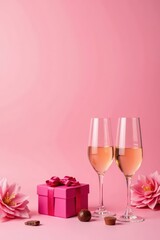 Pink background, champagne flutes, chocolates, gift box, top view, valentines day, heart