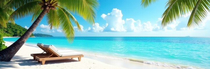 Serene tropical beach; lounge chairs, palm trees, calm turquoise sea , background, summer, travel