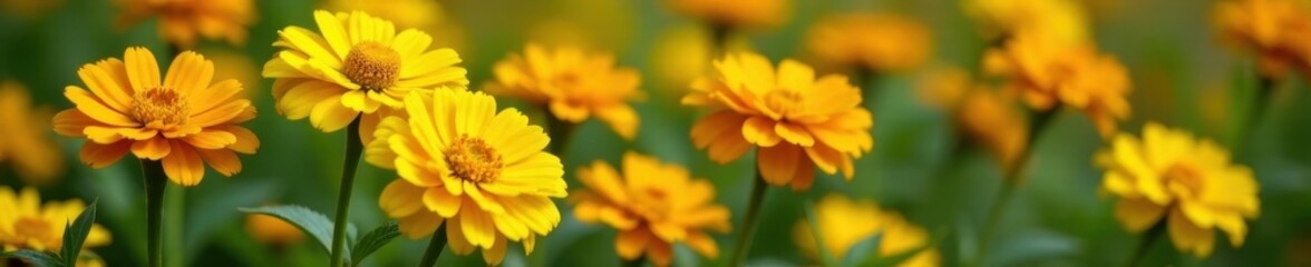 Vibrant yellow terry zinnias bloom in a garden bed , yellow, soft focus, summer