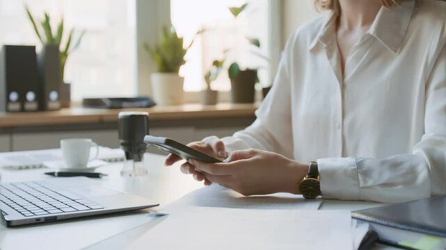 Medium midsection pan shot of anonymous female solicitor or legal secretary in white shirt sitting at desk at law firm or notary office, typing messages on smartphone while communicating with client