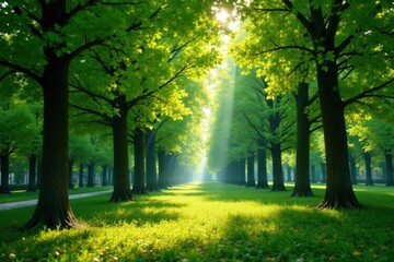 Naklejka premium Dense young trees, bright green leaves, sunlight filtering through, aerial photography, scenic