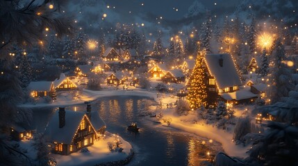Enchanting Winter Village: A Snowy Landscape Aglow with Festive Lights