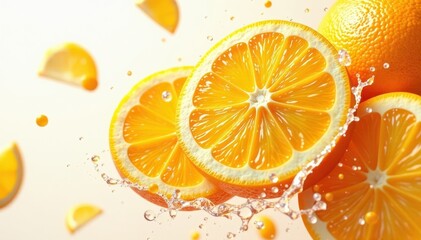 Juicy orange slices splashing in air, vibrant cutout , cutout, juicy