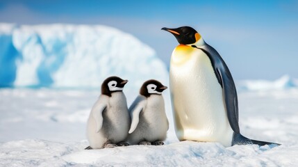 Naklejka premium Adorable emperor penguin family standing together on the antarctic ice with iceberg background in bright sunlight
