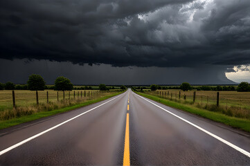 Landstra&szlig;e unter dunklen Sturmwolken