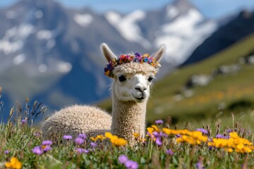 Fototapeta premium Serene alpaca adorned with floral crown resting in vibrant meadow against majestic mountain backdrop under clear sky