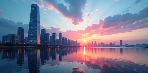 Fototapeta premium Sleek glass skyscraper reflecting city skyline, view, construction