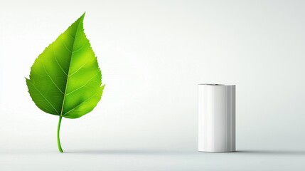 Green leaf and white battery symbolizing eco friendly energy source for sustainable future on bright background