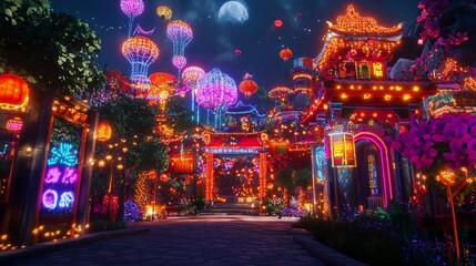 Vibrant Chinese New Year Night Scene with Lanterns and Illuminated Architecture