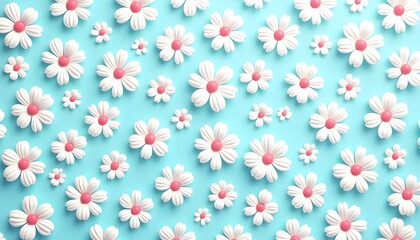white daisy flowers with pink centers on light blue background, symmetrical and visually appealing floral design, perfect for decorative use