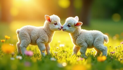Obraz premium Two lambs playfully interact in a vibrant flowery meadow bathed in sunlight , pasture, pastoral