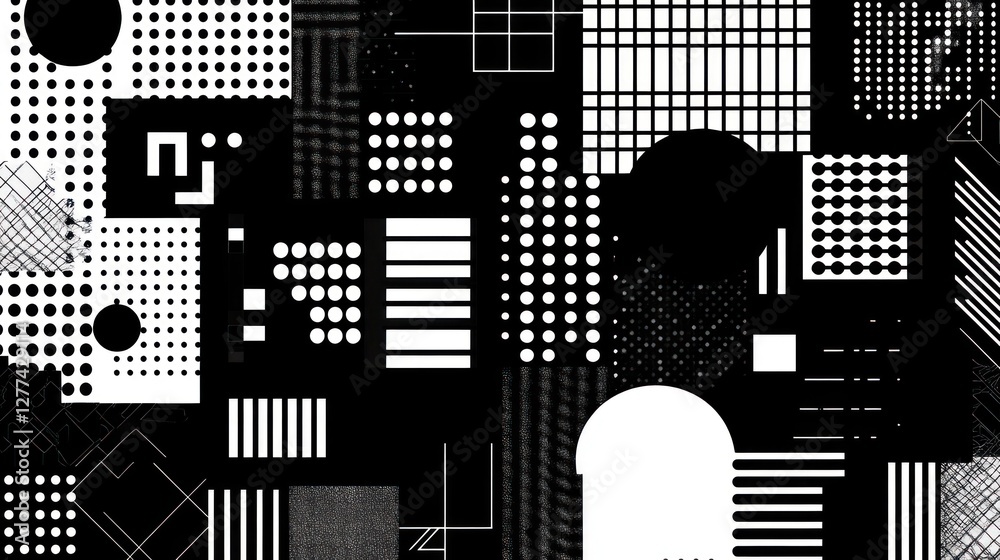 Aufkleber Abstract black and white geometric pattern with various shapes and textures.