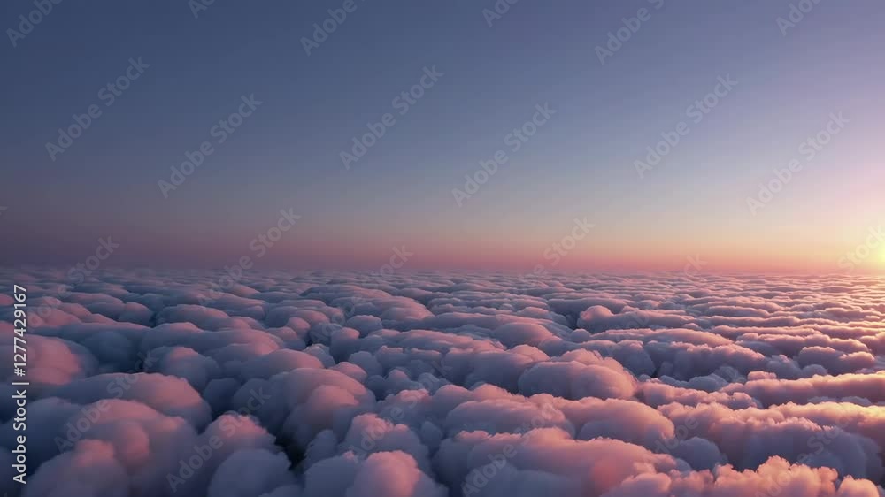 Poster Sunrise over a vast blanket of fluffy clouds with a warm color gradient in the sky. Serenity and peace concept