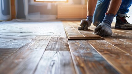A person installs wooden flooring in a well-lit room, focusing on precision and quality craftsmanship for a beautiful finish.