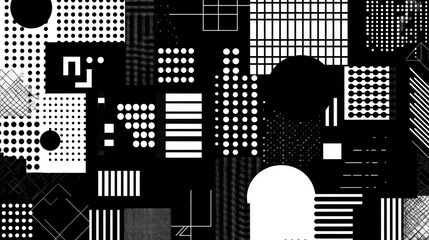 Abstract black and white geometric pattern with various shapes and textures.