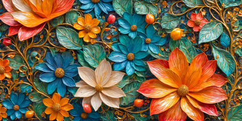 Fototapeta premium Intricate 3D Floral Design in Teal, Orange, and Gold