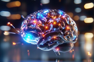 Artificial intelligence brain with neural network connections and glowing nodes on a dark background representing future technology and innovation