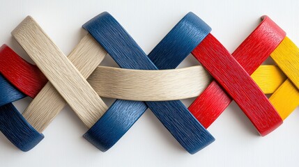 Interwoven wooden bands in primary colors create a dynamic and visually appealing pattern on a white background