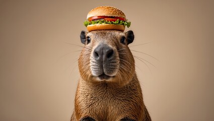 Obraz premium A capybara with a sandwich resting on its head, surrounded by a light sandy background and scattered particles, creating a playful atmosphere