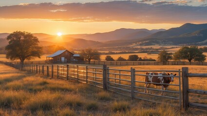 Idyllic rural landscape at sunset showcasing a farmstead surrounded by rolling hills and grazing cows
