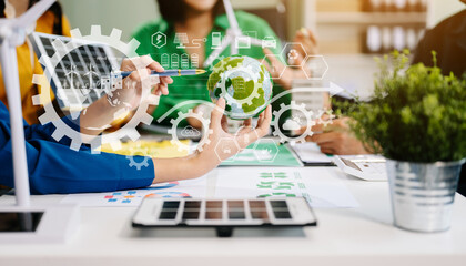 Business team working virtual modern smartphone to reduce CO2 emissions carbon footprint climate change