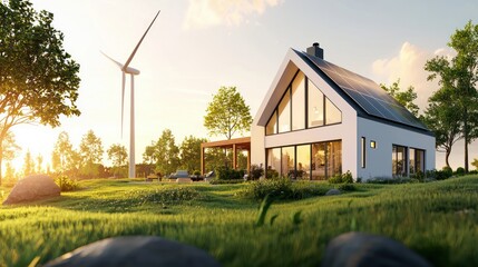 Obraz premium Modern sustainable house with solar panels and wind turbine in a green landscape at sunset for energy efficiency and eco friendly living