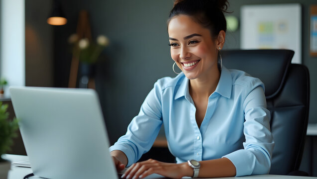 Businesswoman using laptop in office. Hispanic businesswoman smiling while sitting at desk. Professional female human resources manager looking at PC computer at work.