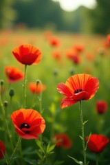 Obraz premium Vibrant red poppies, wildflowers bloom summer meadow, vibrant, macro, wildflower