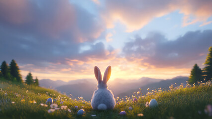 Easter holiday festival concept, a bunny looking forward to the pastel sunrise sky. hope and peaceful scenery concept.