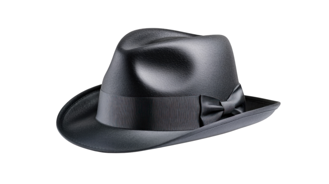 A black hat with a brown band sits on a white background