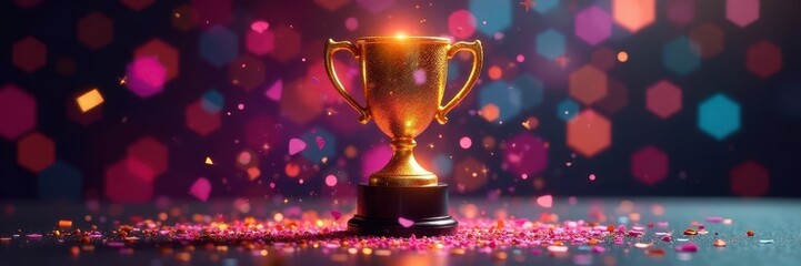 Fototapeta premium Gleaming trophy, vibrant confetti burst, sparkling glitter, desk, high achievement, shine