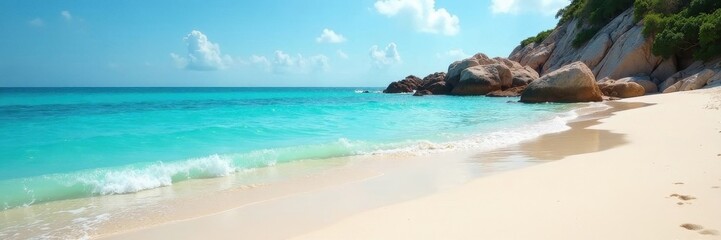 Obraz premium Crystal clear sea meets pristine sandy beach Bright sunlight , sunshine, restful