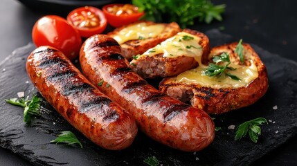 Grilled sausages served with toasted bread topped with melted cheese and cherry tomatoes, garnished with fresh herbs on a black slate plate.