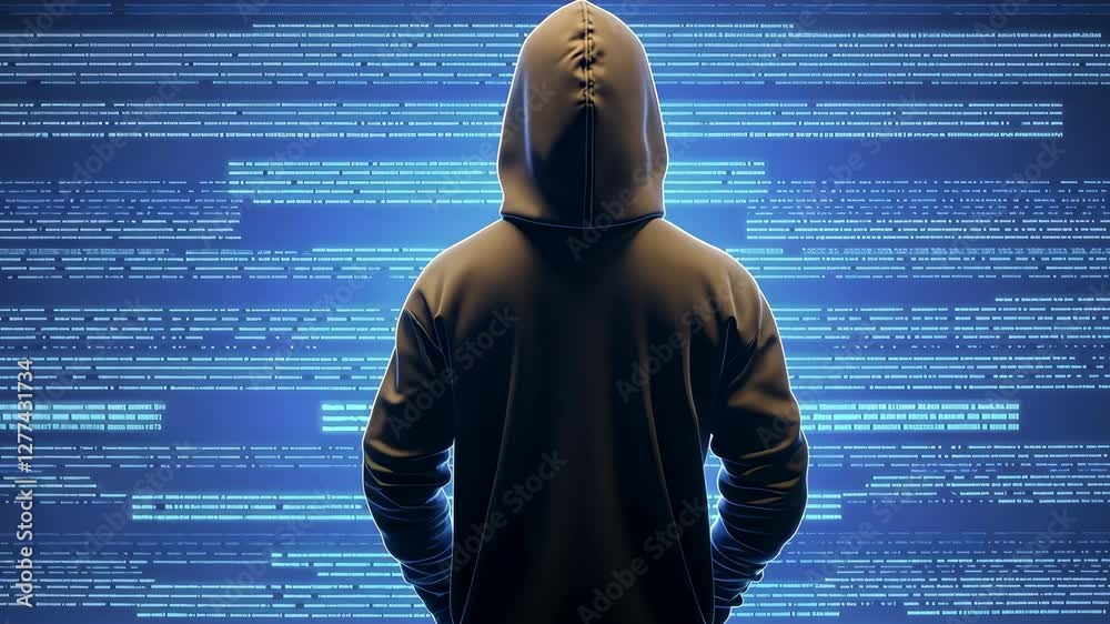 Poster mysterious hacker in hoodie exploring cybersecurity and code on digital screen with blue glow of tec