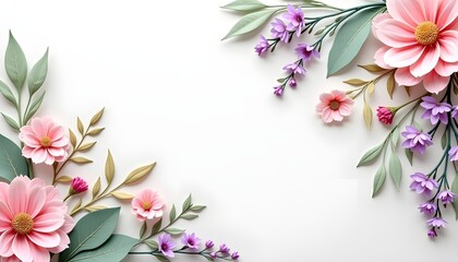 Naklejka premium delicate floral arrangement with pink and purple flowers, green and gold leaves, artistic paper-cut style, decorative nature-themed design, perfect for spring and summer illustrations