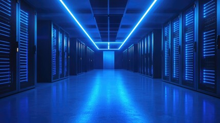 Futuristic data center with glowing blue LED lights illuminating server racks in a sleek, high-tech environment. Ideal for cybersecurity, cloud computing, AI, and digital infrastructure themes
