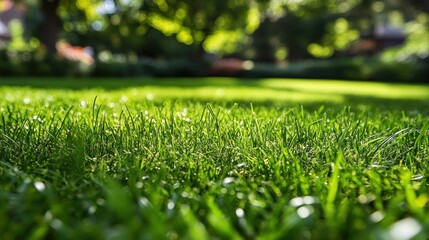 Naklejka premium Lush green grass in sunlight, shallow depth of field, close-up view of blades.