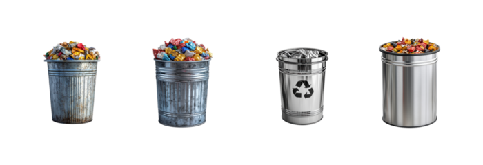 Four Distinct Trash Bins Filled with Colorful Waste and Debris