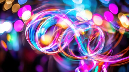 Abstract light painting photography showcasing vibrant swirls and bokeh effects creating a dynamic and colorful background with a festive mood and artistic flair
